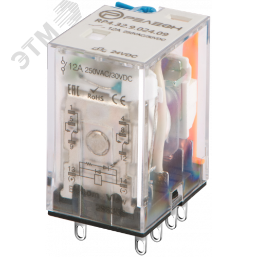 Изображение товара Промежуточное реле, 2 перекидных контакта 12А (24В DC) блокируемая кнопка проверки, светодиод, диод (шт)