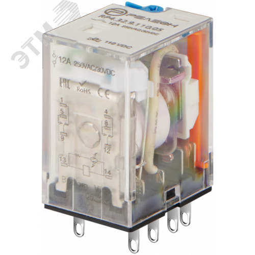 Изображение товара Промежуточное реле, 2 перекидных контакта 12А (110В DC) блокируемая кнопка проверки, светодиод (шт)