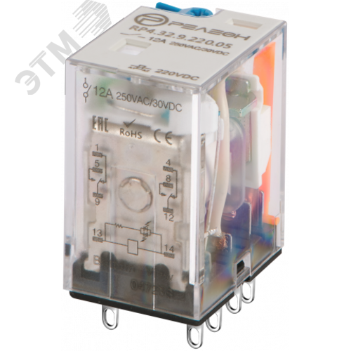 Изображение товара Промежуточное реле, 2 перекидных контакта 12А (220В DC) блокируемая кнопка проверки, светодиод (шт)