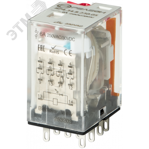 Изображение товара Промежуточное реле, 4 перекидных контакта 6А ( 36 AC) блокируемая кнопка проверки, светодиод (шт)