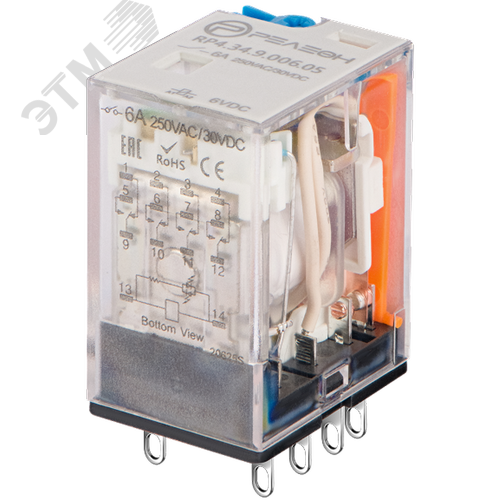 Изображение товара Промежуточное реле, 4 перекидных контакта 6А (6В DC) блокируемая кнопка проверки, светодиод (шт)
