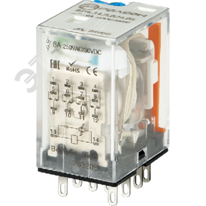 Промежуточное реле, 4 перекидных контакта 6А, 24В (DC), блокируемая кнопка проверки, 2 светодиода, диод (A1+)
