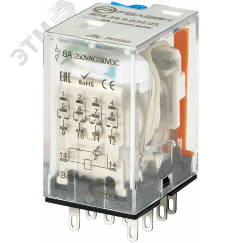 Изображение товара Промежуточное реле, 4 перекидных контакта 6А (48В DC) блокируемая кнопка проверки, светодиод (шт)