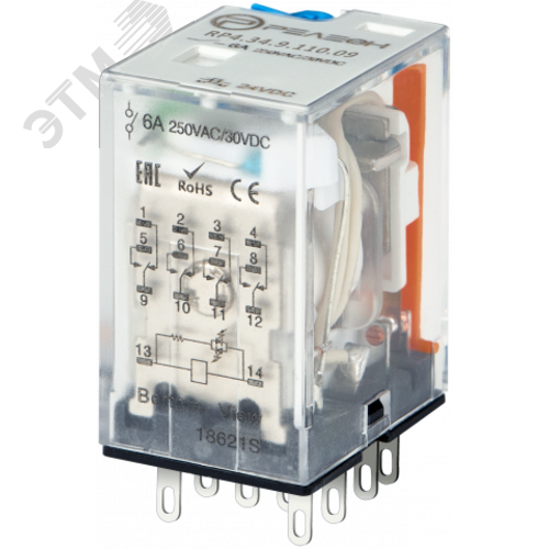 Изображение товара Промежуточное реле, 4 перекидных контакта 6А (110В DC) блокируемая кнопка проверки, светодиод, диод (шт)
