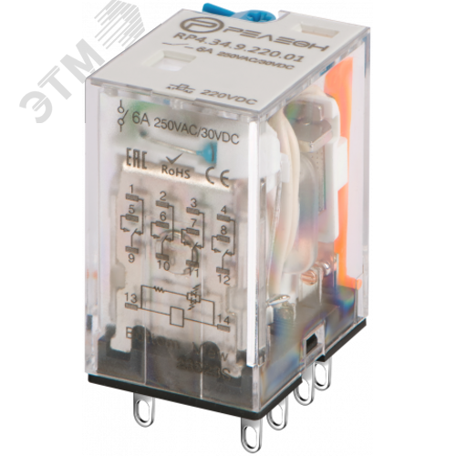 Изображение товара Промежуточное реле с нормированным коэффициентом срабатывания 0,65 Un, 4 перекидных контакта 6А (220В DC) блокируемая кнопка проверки, светодиод (шт)