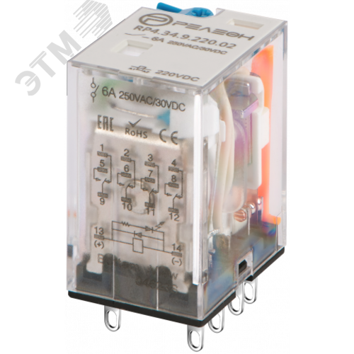 Изображение товара Промежуточное реле с нормированным коэффициентом срабатывания 0,65 Un, 4 перекидных контакта 6А (220В DC) блокируемая кнопка проверки, светодиод, диод (A1+) (шт)