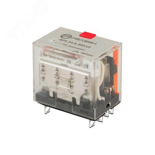 Изображение товара Миниатюрное силовое реле, 4 перекидных контакта 10А (380В AC) блокируемая кнопка проверки + светодиод (шт)