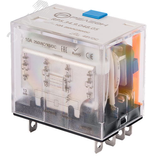 Изображение товара Миниатюрное силовое реле, 4 перекидных контакта 10А (48В DC) блокируемая кнопка проверки + светодиод (шт)