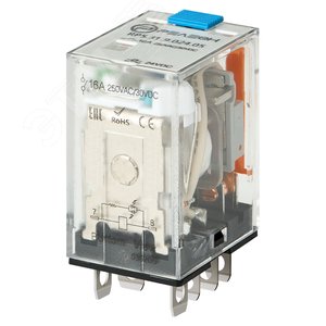 Изображение товара Миниатюрное силовое реле, 1 перекидной контакт 16А (24В DC) блокируемая кнопка проверки + светодиод (шт)