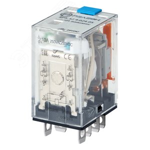 Изображение товара Миниатюрное силовое реле, 2 перекидных контакта 10А (24В DC) блокируемая кнопка проверки + светодиод (шт)