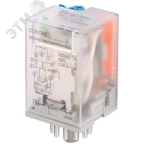 Изображение товара Универсальное реле, 3 перекидных контакта 10А (220В DC) 11 штырьковый разъем (шт)