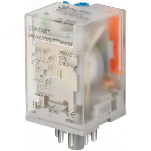 Изображение товара Универсальное реле, 2 перекидных контакта 10А (24В DC) штырьковый разъем (шт)