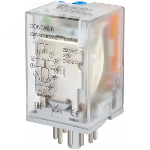 Изображение товара Универсальное реле, 3 перекидных контакта 10А (24В DC) 11 штырьковый разъем (шт)