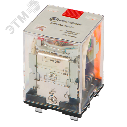 Изображение товара Силовое реле с магнитным гашением дуги, 2 НО контакта 16А, 230В AC, блокируемая кнопка проверки + светодиод (шт)