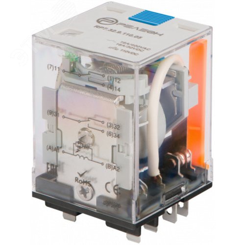 Изображение товара Силовое реле, 2 переключающих контакта 16А, 110В DC, блокируемая кнопка проверки + светодиод (шт)