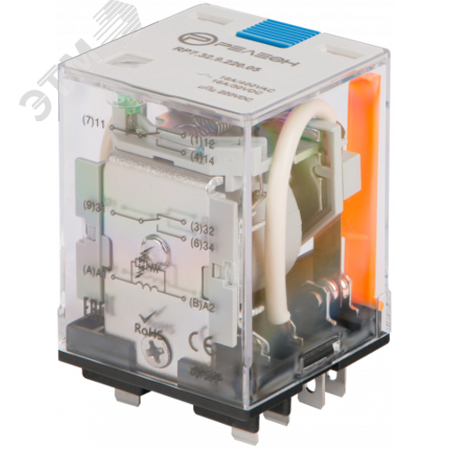 Изображение товара Силовое реле, 2 переключающих контакта 16А, 220В DC, блокируемая кнопка проверки + светодиод (шт)