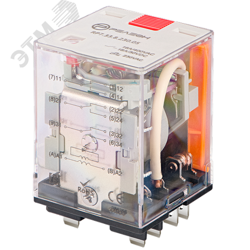 Изображение товара Силовое реле, 3 переключающих контакта 16А, 230В AC, блокируемая кнопка проверки + светодиод (шт)