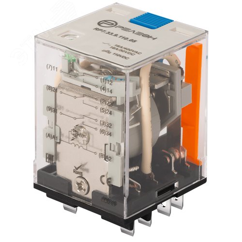 Изображение товара Силовое реле, 3 переключающих контакта 16А, 110В DC, блокируемая кнопка проверки + светодиод (шт)