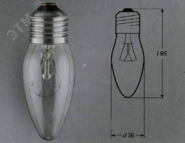 Изображение товара Лампа накаливания ДС 230-60вт Е27 Свеча (шт)