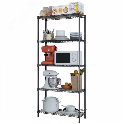 Изображение товара Стеллаж сетчатый, 600х350х1800 мм, 5 полок, цвет черный, нагрузка на полку 40 кг (упак)