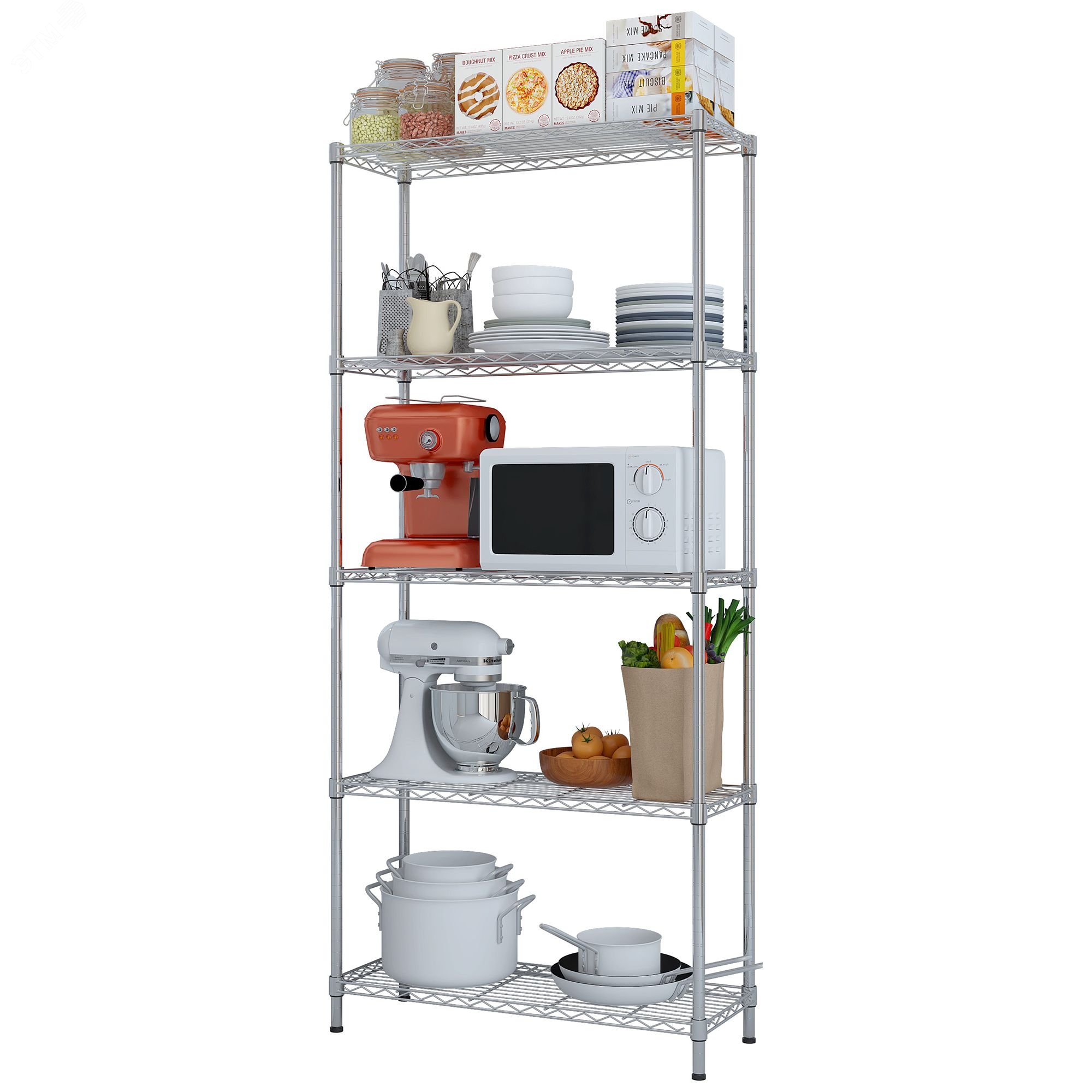 Изображение товара Стеллаж сетчатый 600х350х1800 мм, 5 полок, хром, металлический складской