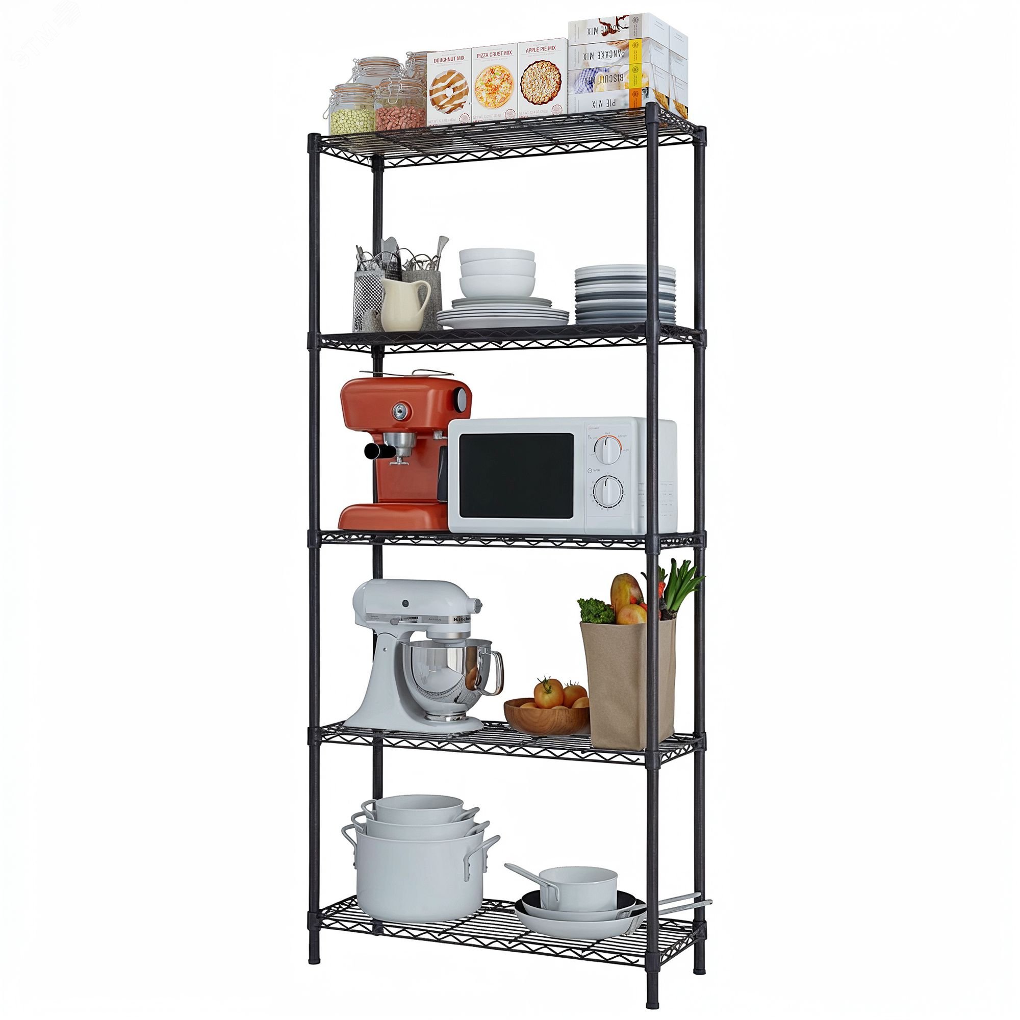 Изображение товара Стеллаж сетчатый, 600х350х1800 мм, 5 полок, цвет черный, нагрузка на полку 40 кг (упак)