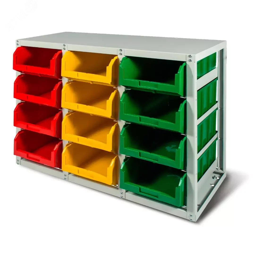 Изображение товара Стеллаж односторонний V4-12 ячеек с пластиковыми ящиками для склада и автомастерских