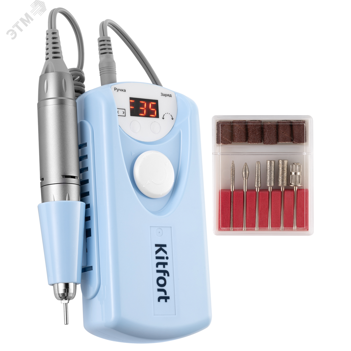 Изображение товара Аппарат для маникюра и педикюра KT-3157-2 с аккумулятором и 12 насадками бело-голубой