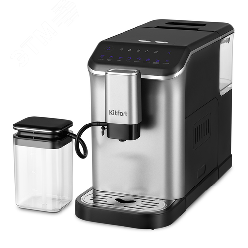 Изображение товара Кофемашина автоматическая КТ-7166, мощность 1350Вт, ёмкость резервуара 1,5 л, ёмкость для молока 0,75 л, цвет серебристо-черный (шт)