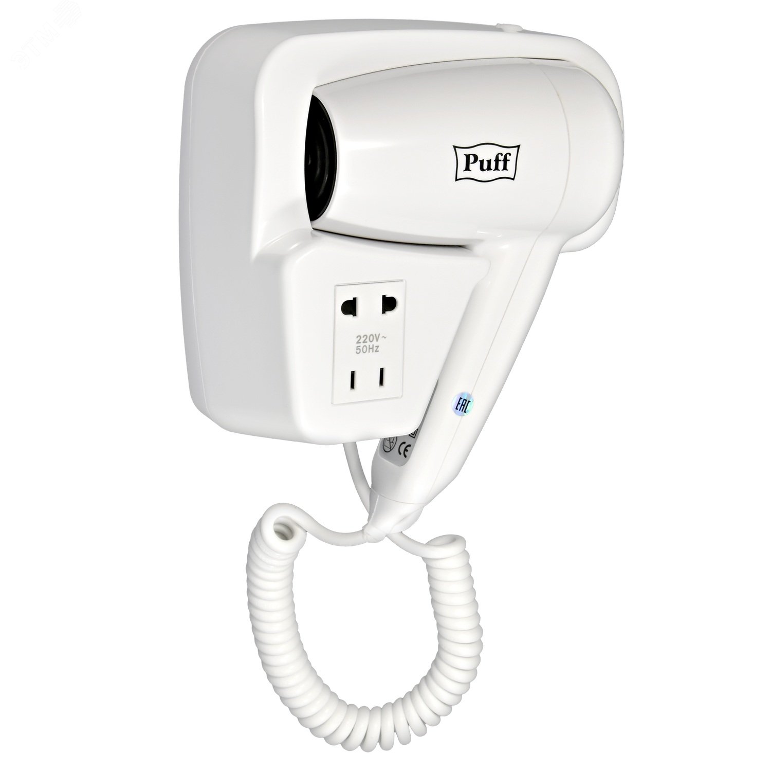 Изображение товара Настенный фен для волос Puff-1200B 1.2 кВт с доп. розеткой белый