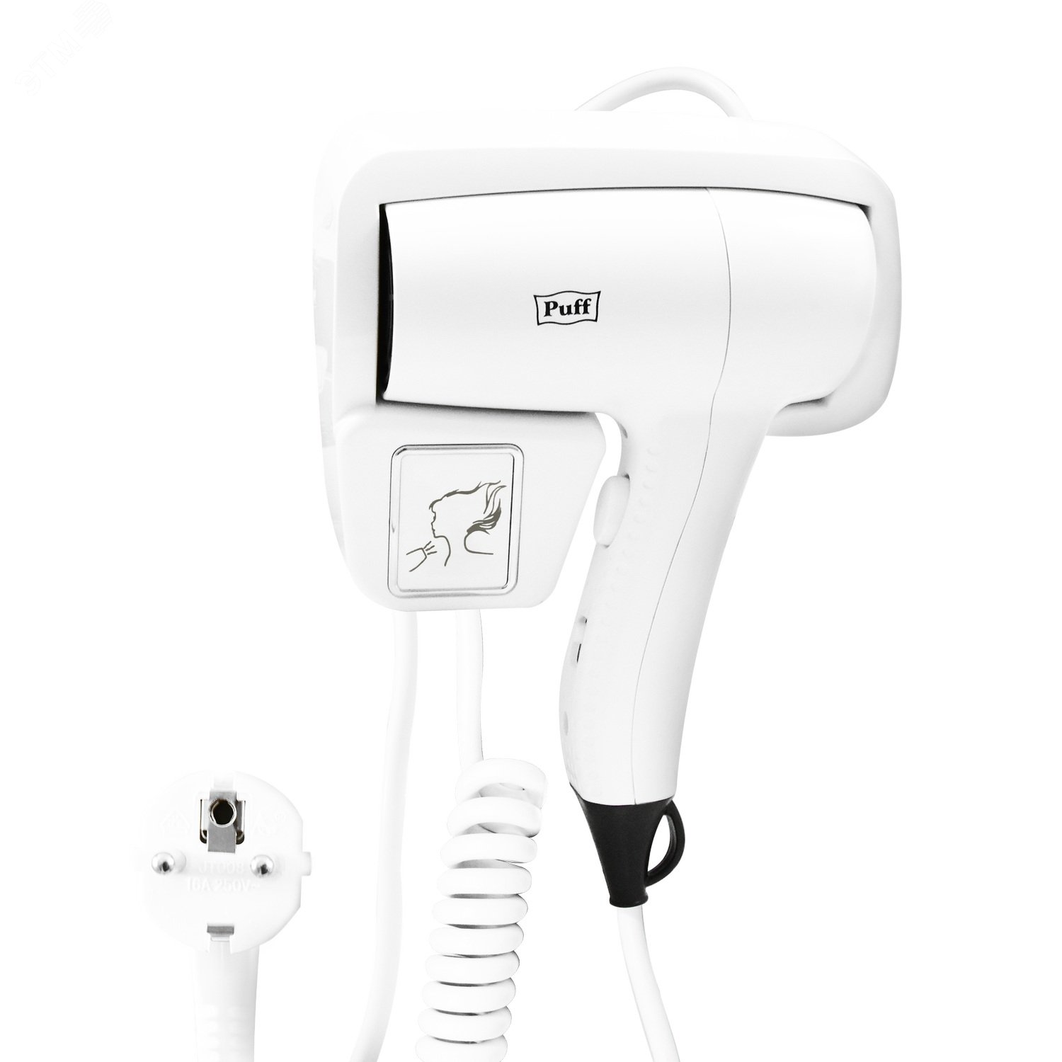 Изображение товара Настенный фен для волос Puff-1201 с двумя скоростями и электророзеткой белый