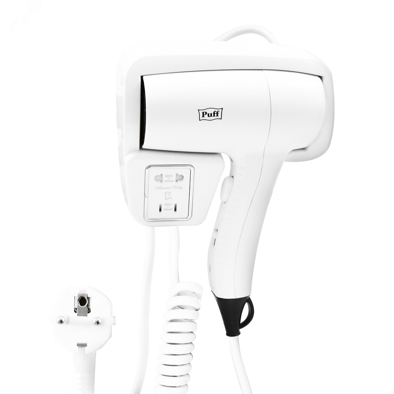 Изображение товара Настенный фен для волос Puff-1201В с дополнительной розеткой, белый