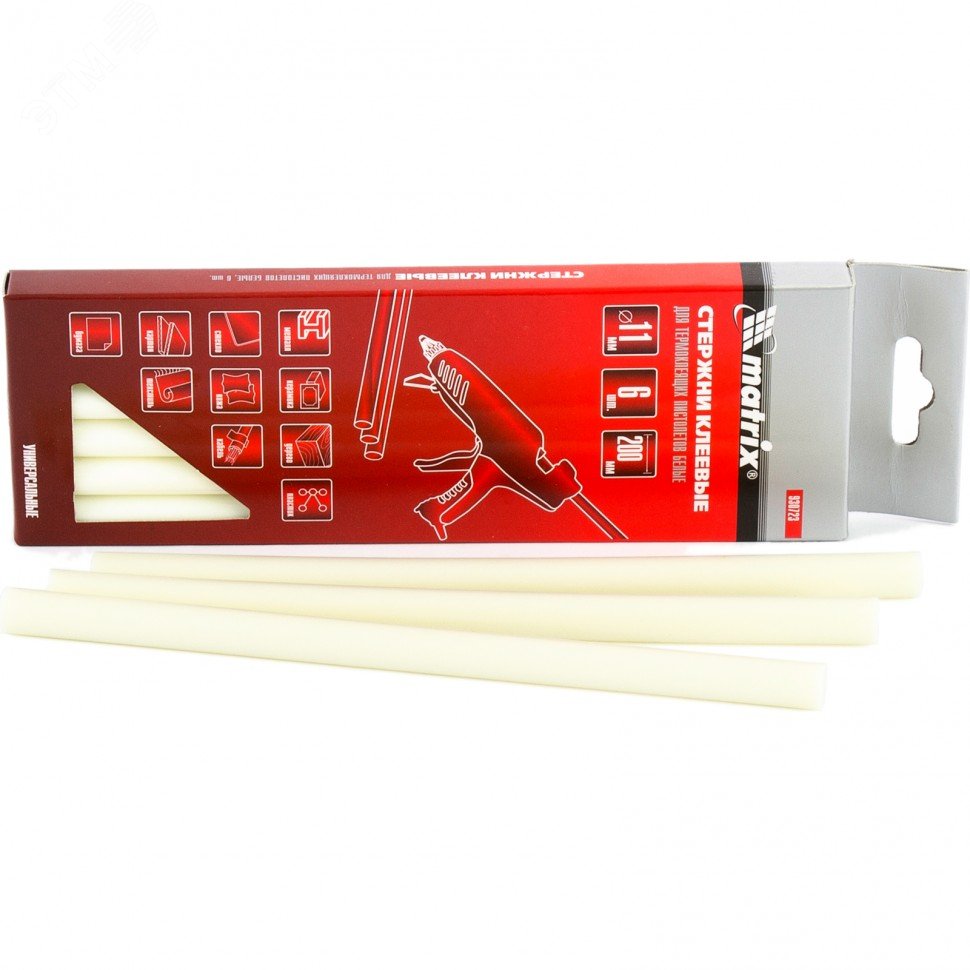 Изображение товара Клеевые стержни Matrix 200 мм белые 6 шт. для клеевого пистолета 11 мм