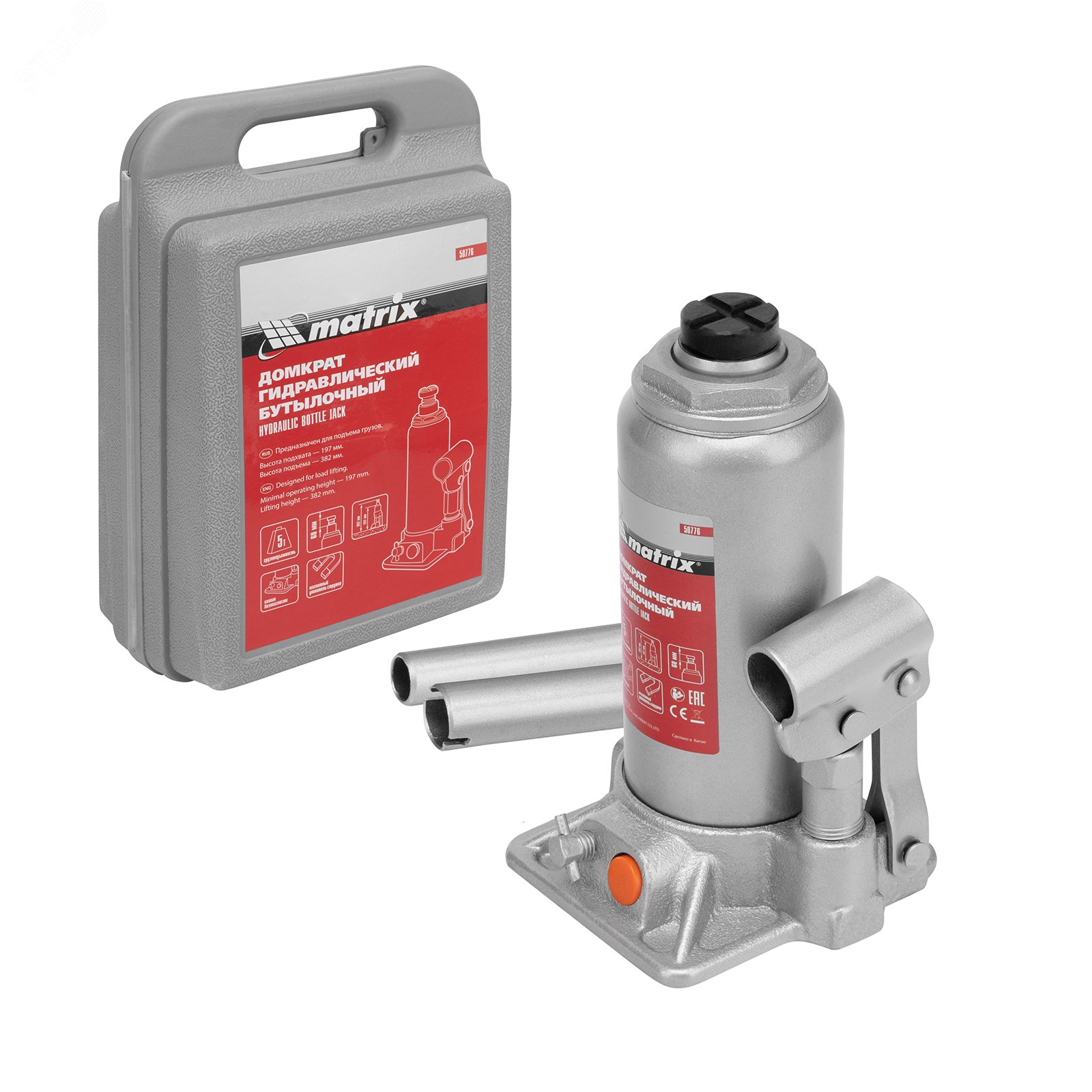Изображение товара Домкрат гидравлический бутылочный, 5 т, h подъема 197-382 мм, в пласт. кейсе (шт)