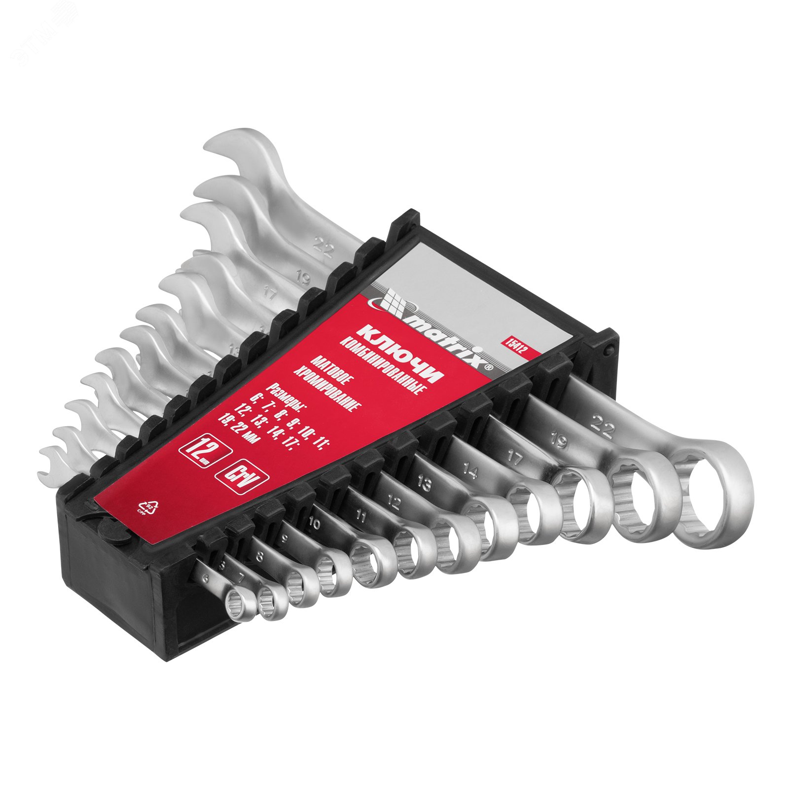 Изображение товара Набор комбинированных ключей из CrV 6-22 мм 12 шт Матовый хром Matrix 15412