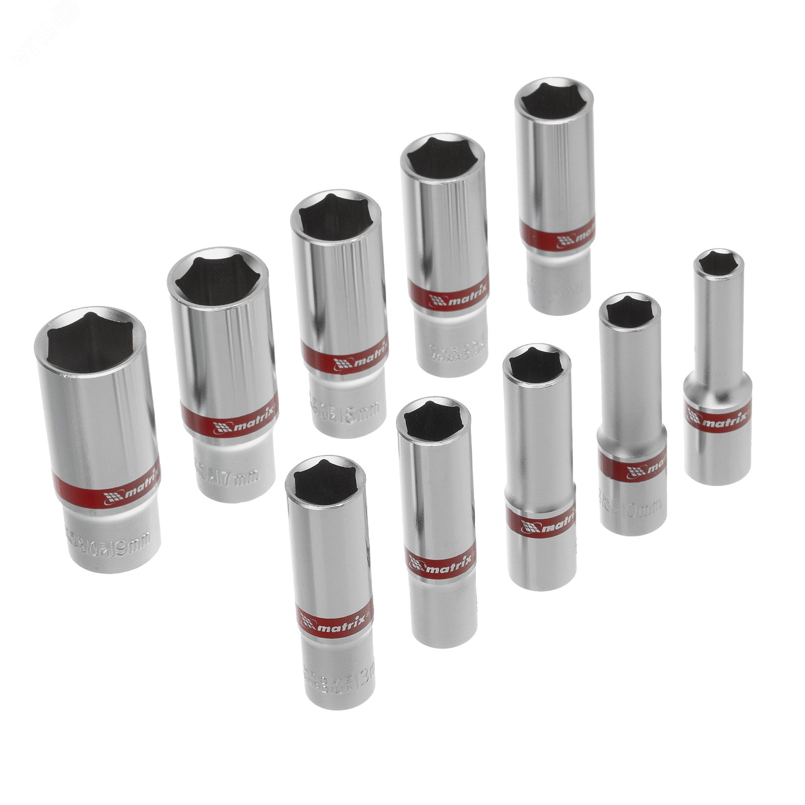 Изображение товара Набор удлиненных торцевых головок 3/8', 6 гранные, CrV, 8-19мм, 10 штук (шт)