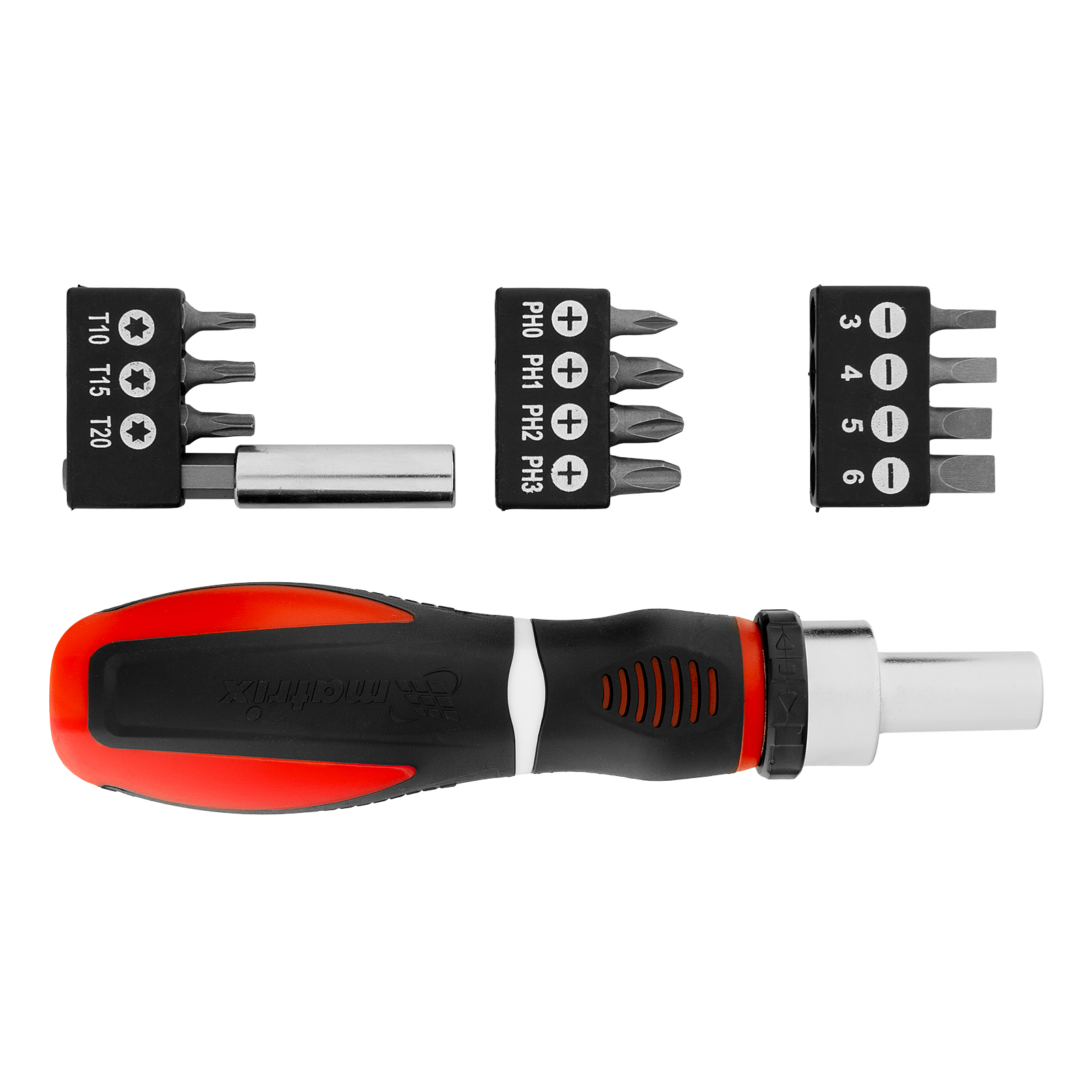 Отвертка-реверс + биты, 12 пред., PH + SL + PZ + Torx, CrV, 2к рукоятка