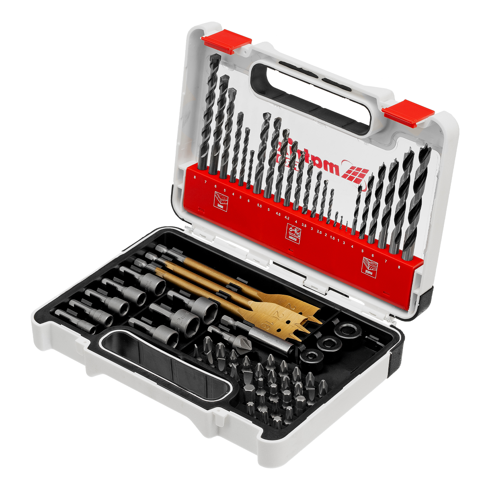 Набор сверл комб.,мет.1-6мм,бет.3-8мм,дер.3-8мм, перки,бит.30шт,адап.,голов.8шт,71пр., PRO