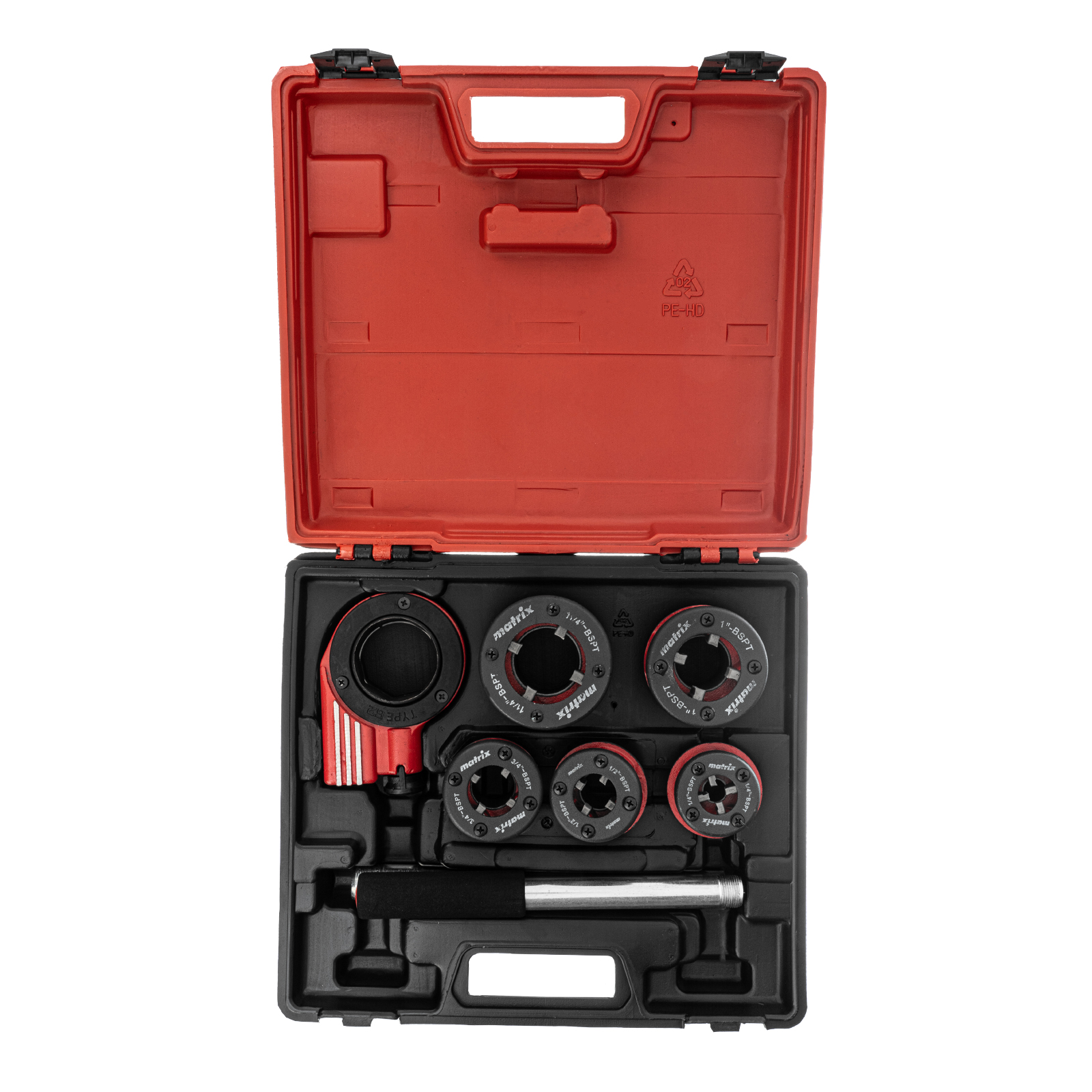 Набор клуппов 1/4'-1/2'-3/4'-1'-1,25', плашкодержатель с трещоткой, 8 предм.