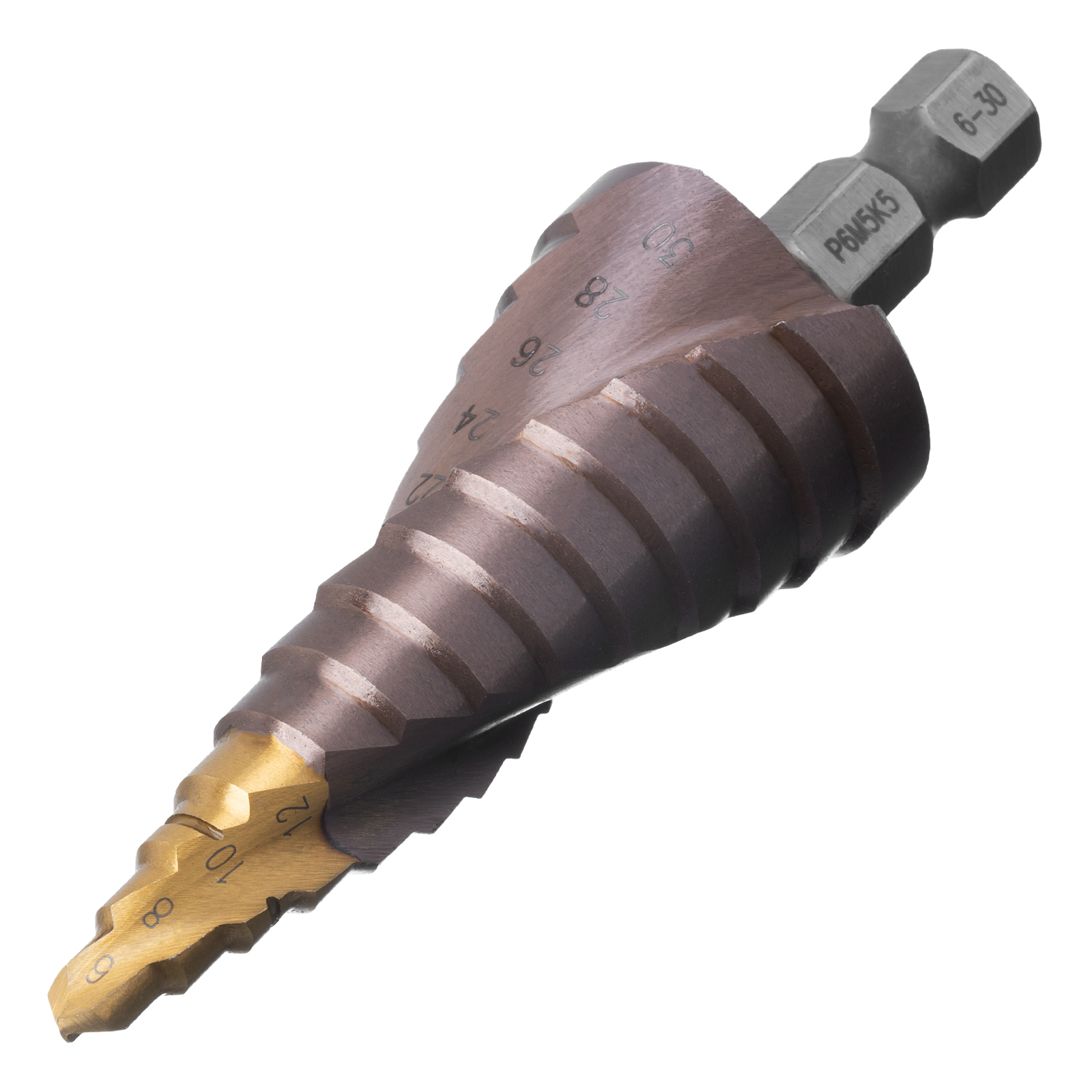 Сверло ступенчатое, 6-8-10-12-14-16-18-20-22-24-26-28-30мм, Р6М5К5, 6-гр. хвостовик