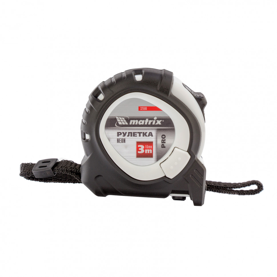Рулетка Neon, 3 м x 16 мм, обрезиненный корпус, 3 фиксации, PRO