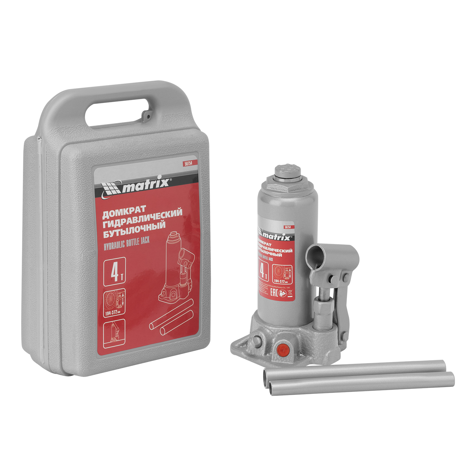 Домкрат гидравлический бутылочный, 4 т, h подъема 194-372 мм, в пласт. кейсе
