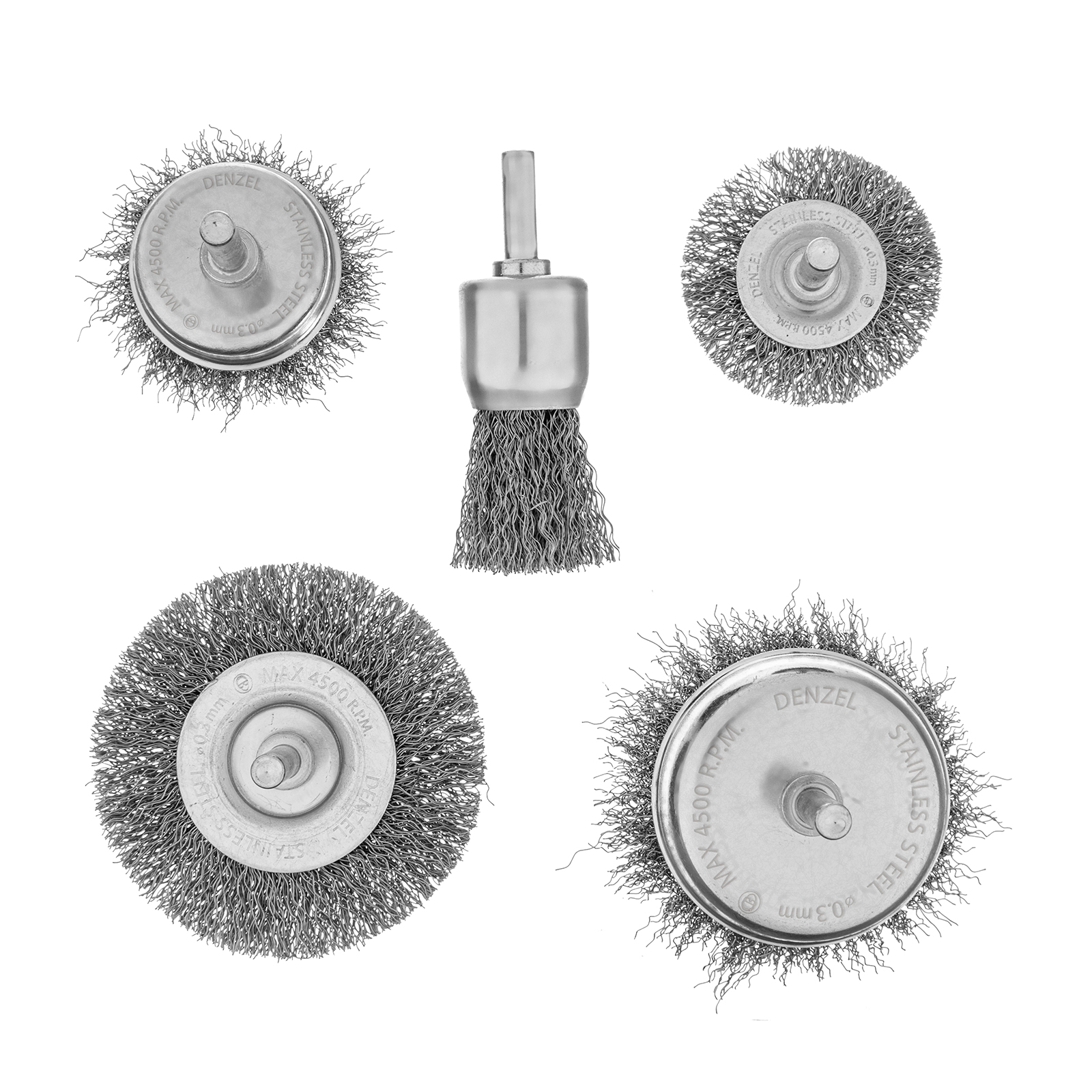 Набор щеток для дрели, 2 Плоские 50-75мм, 3 Чашки 25-50-75мм, шпилька,  нерж.вит. проволока