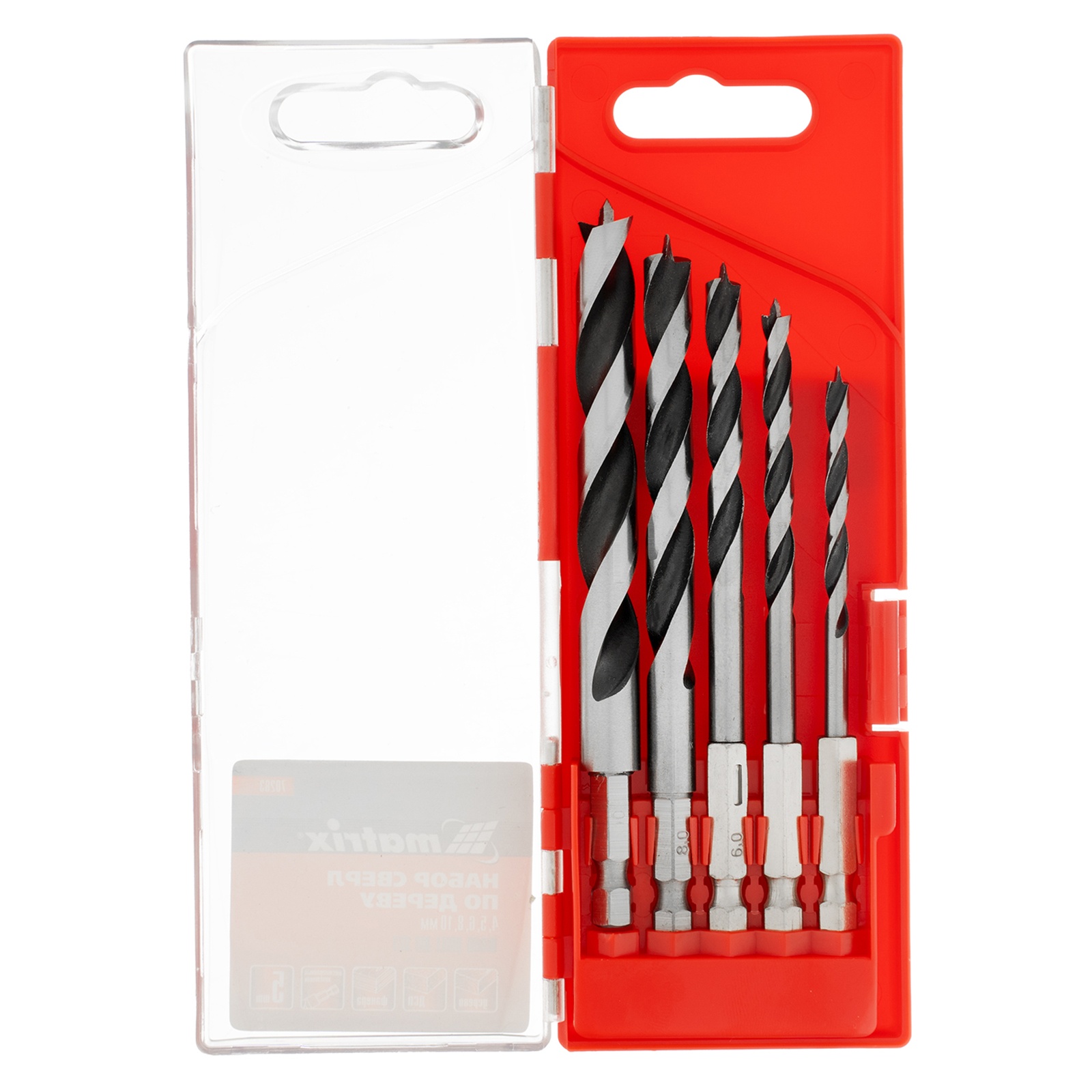 Набор сверл по дереву, 4-5-6-8-10 мм, 5шт., шестигран. хвостовик, пластиковый кейс