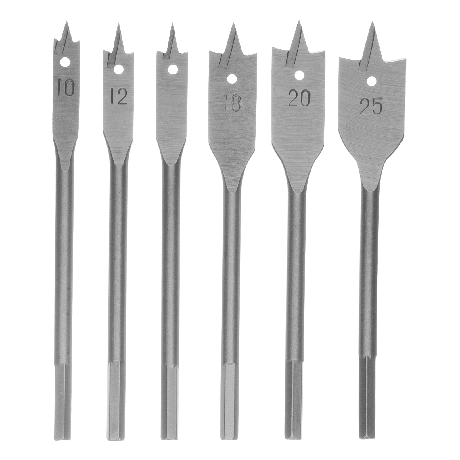 Набор сверл перовых по дереву, 10-12-16-18-20-25 мм, 6 шт. 6-гранный хвостовик