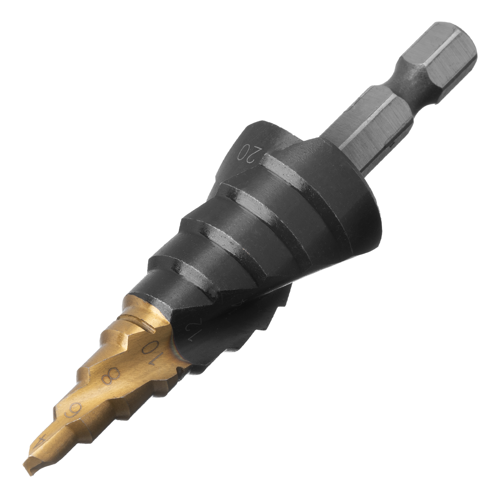 Сверло ступенчатое 4-6-8-10-12-14-16-18-20 мм, Р6М5, 6-гр. хвостовик