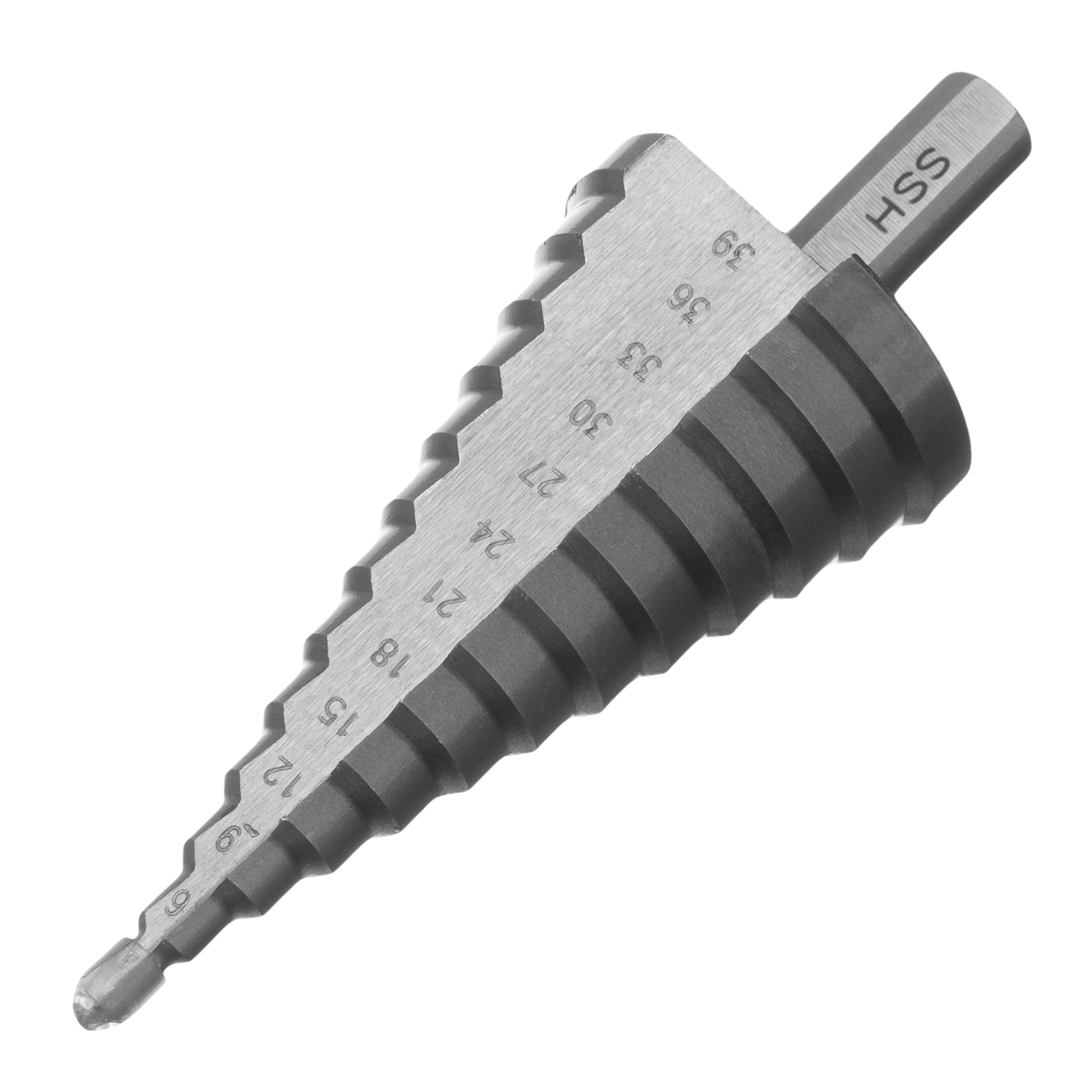 Сверло ступенчатое, 4-6-9-12-15-18-21-24-27-30-33-36-39мм, Р6М5, трехгр. хвостовик
