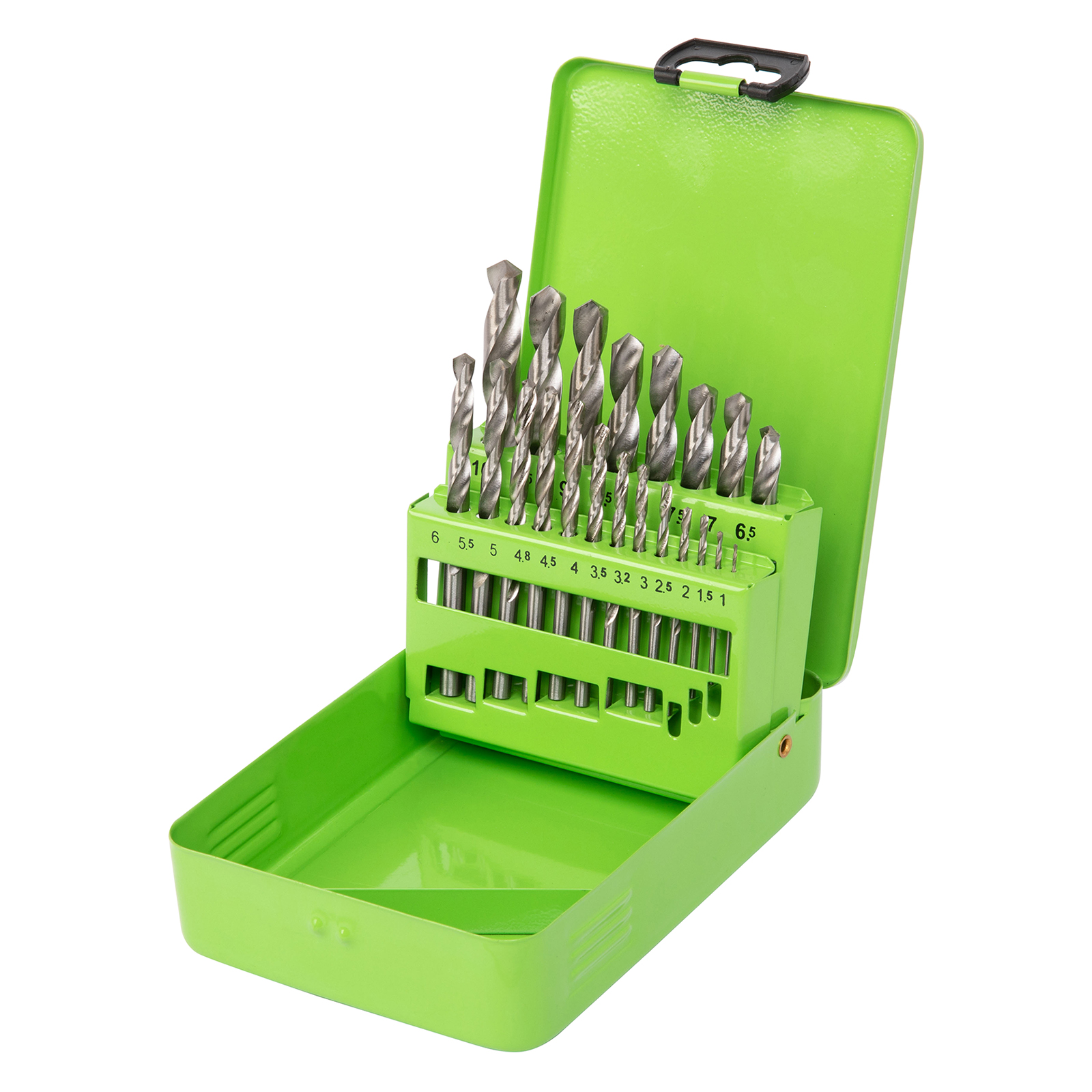 Набор сверл по металлу, 1-10 мм (через 0,5 мм,3.2,4.8 мм), HSS, 21шт, мет.бокс, цилин.хв.