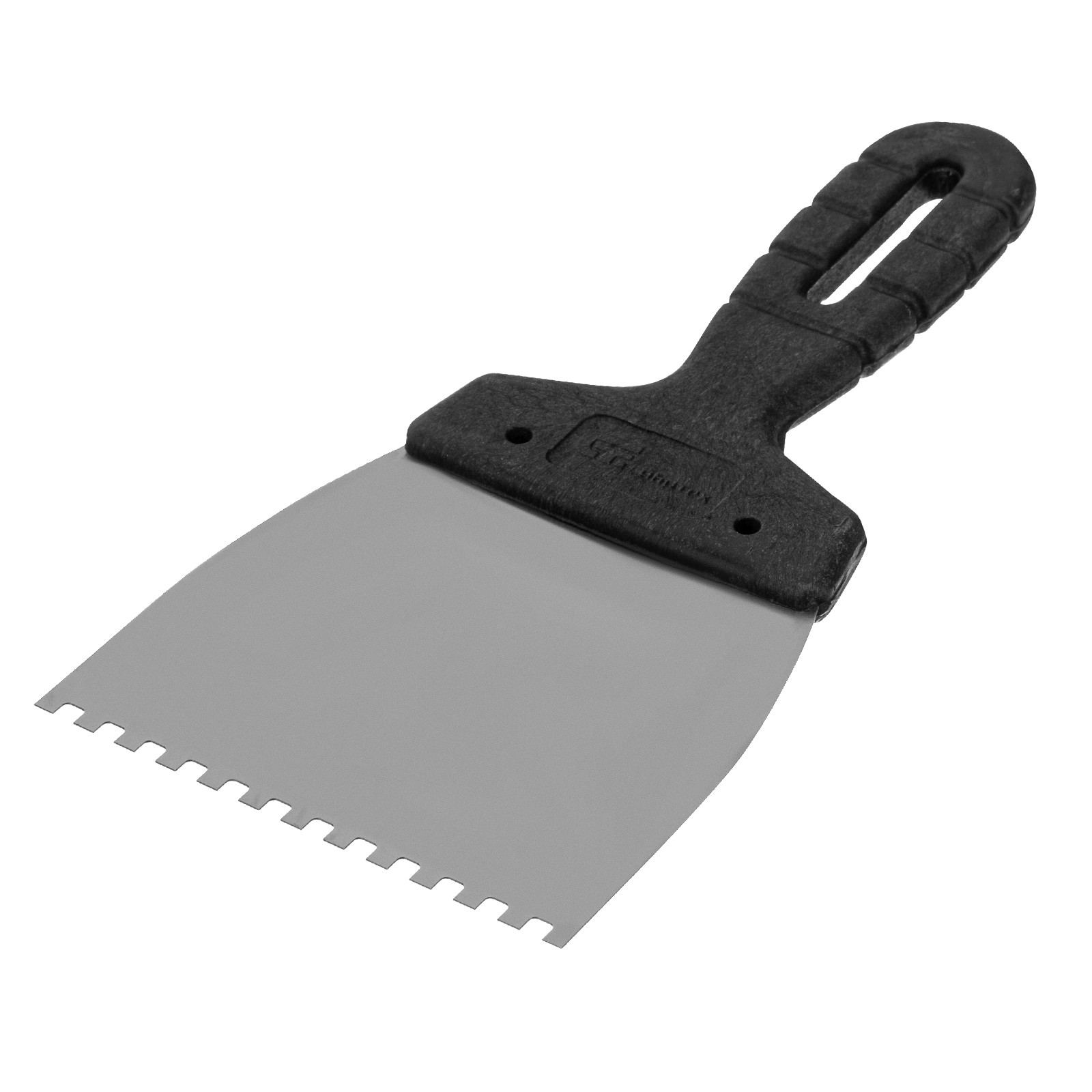 Шпатель из нержавеющей стали, 100 мм, зуб 4х4 мм, пластмассовая ручка
