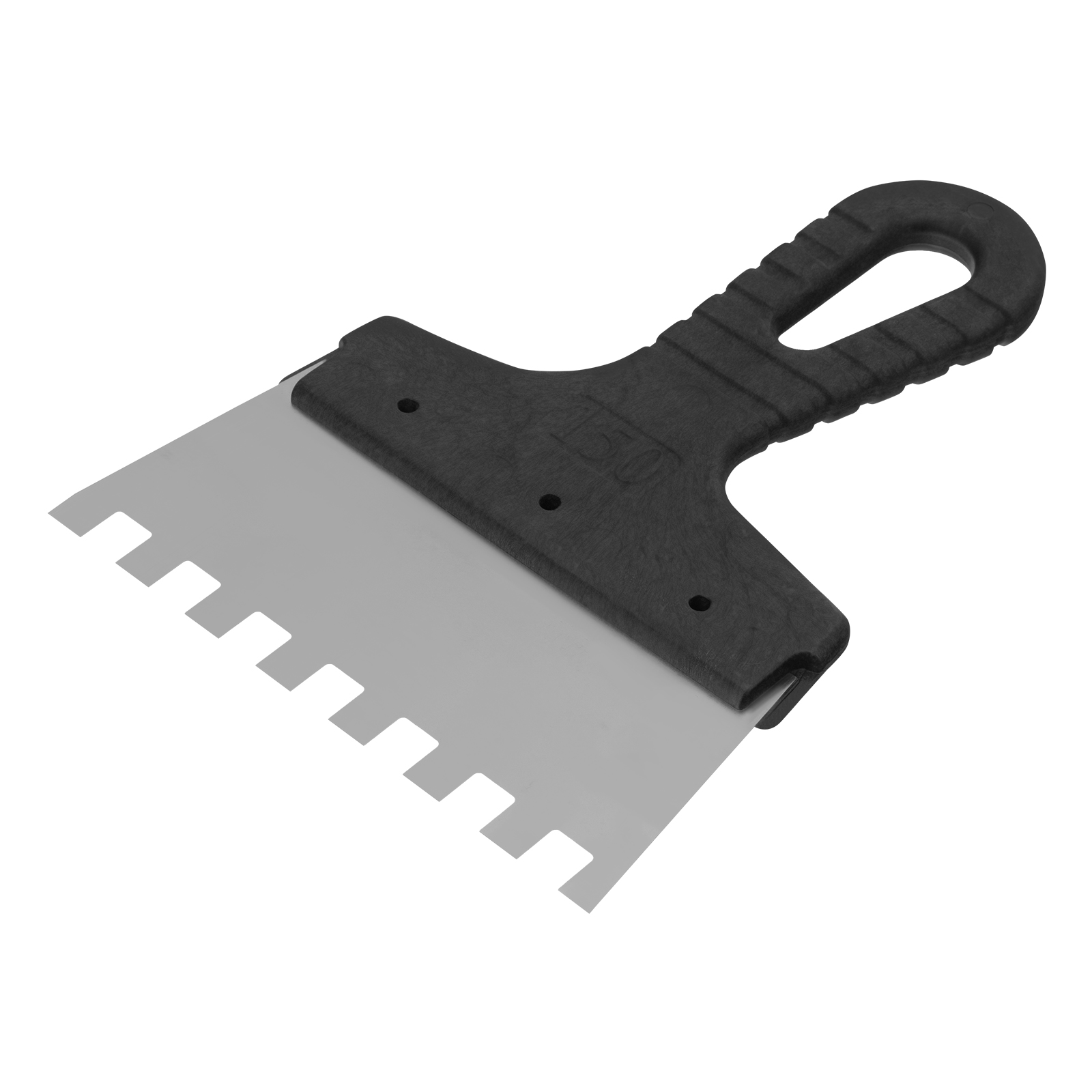 Шпатель из нержавеющей стали, 150 мм, зуб 10х10 мм, пластмассовая ручка